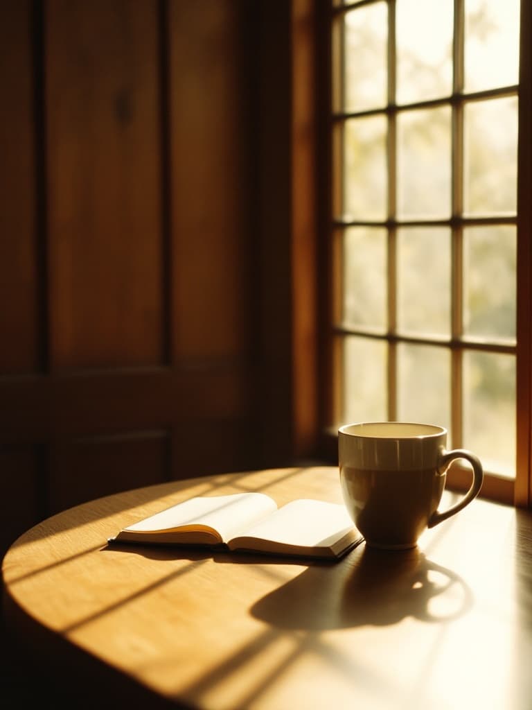 Mesa de madeira com caderno ao lado de um painel shoji, luz de janela